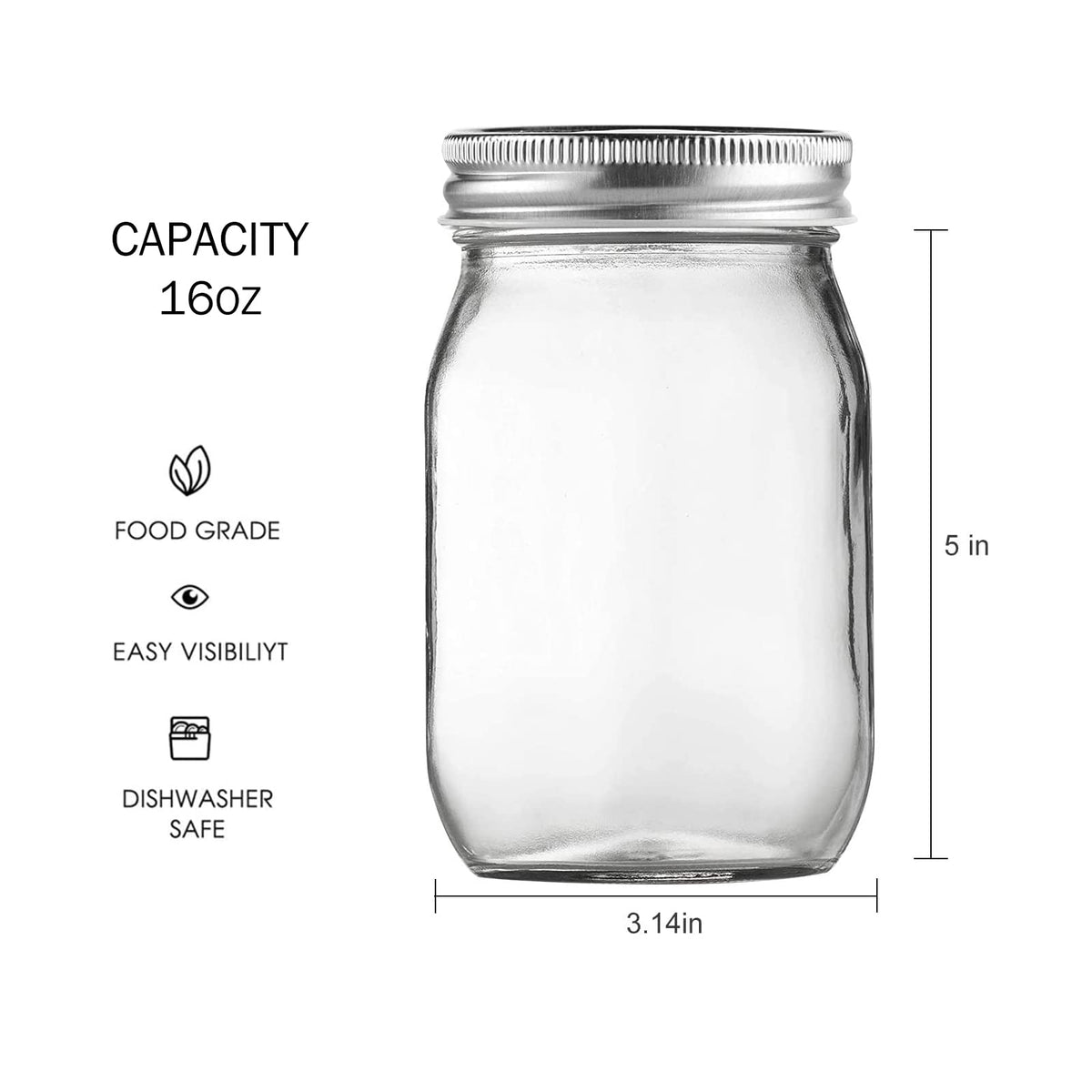 16oz Regular Mouth Glass Mason Jars with Airtight Lids, 4 Pack Z738125