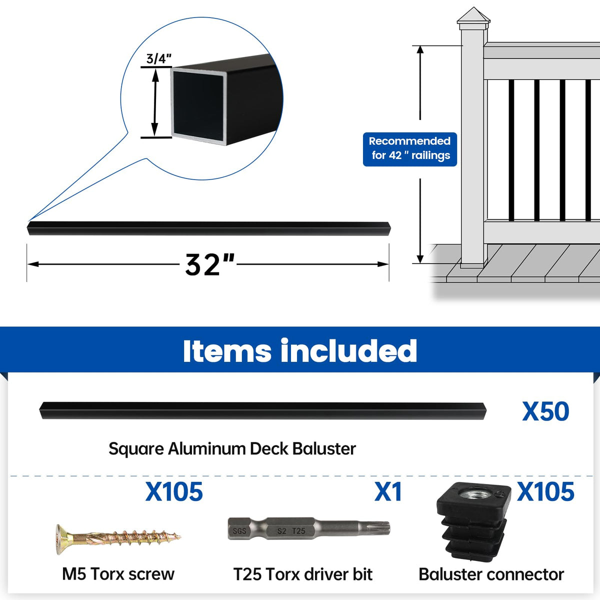50 Pack 32" Black Aluminum Square Deck Balusters M18177