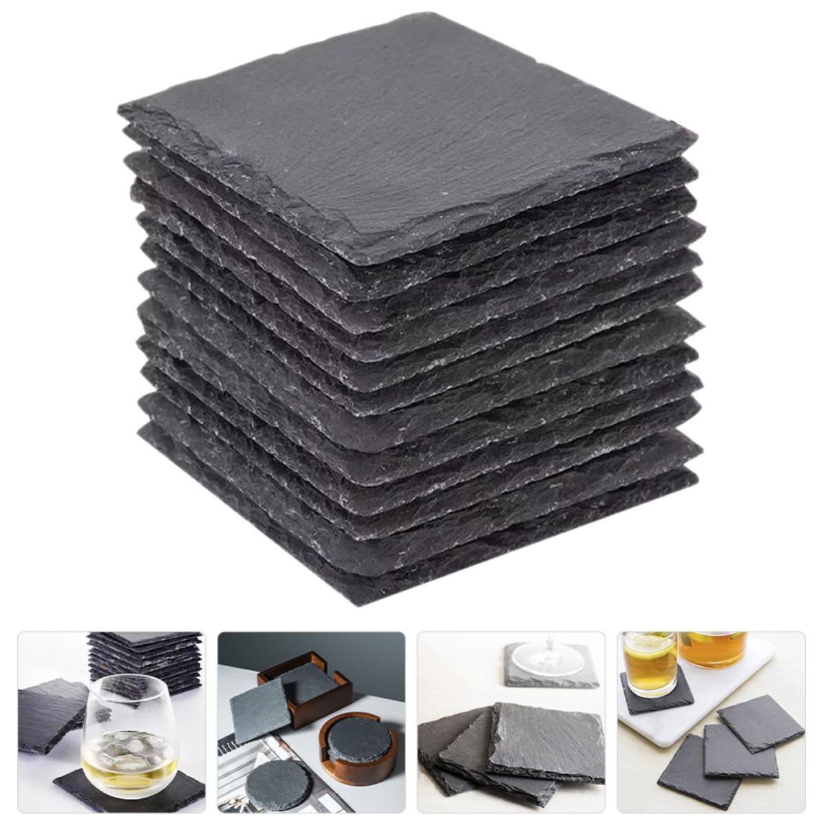 Black 12pcs Natural Stone Coaster Set O46790