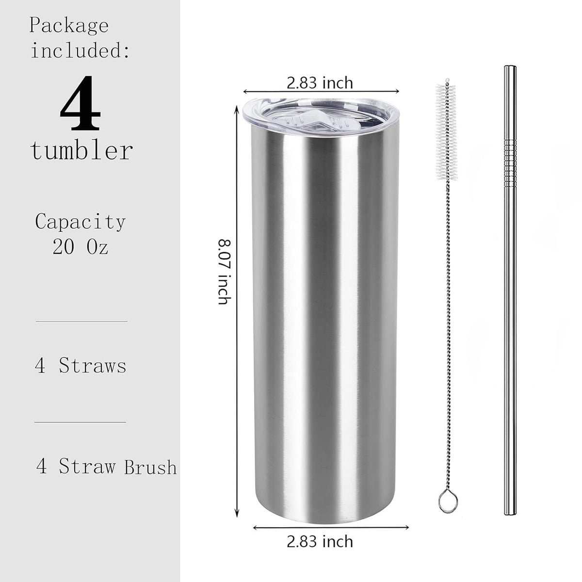 20 Oz Stainless Steel Skinny Tumbler Set, 4 Pack, Silver B897