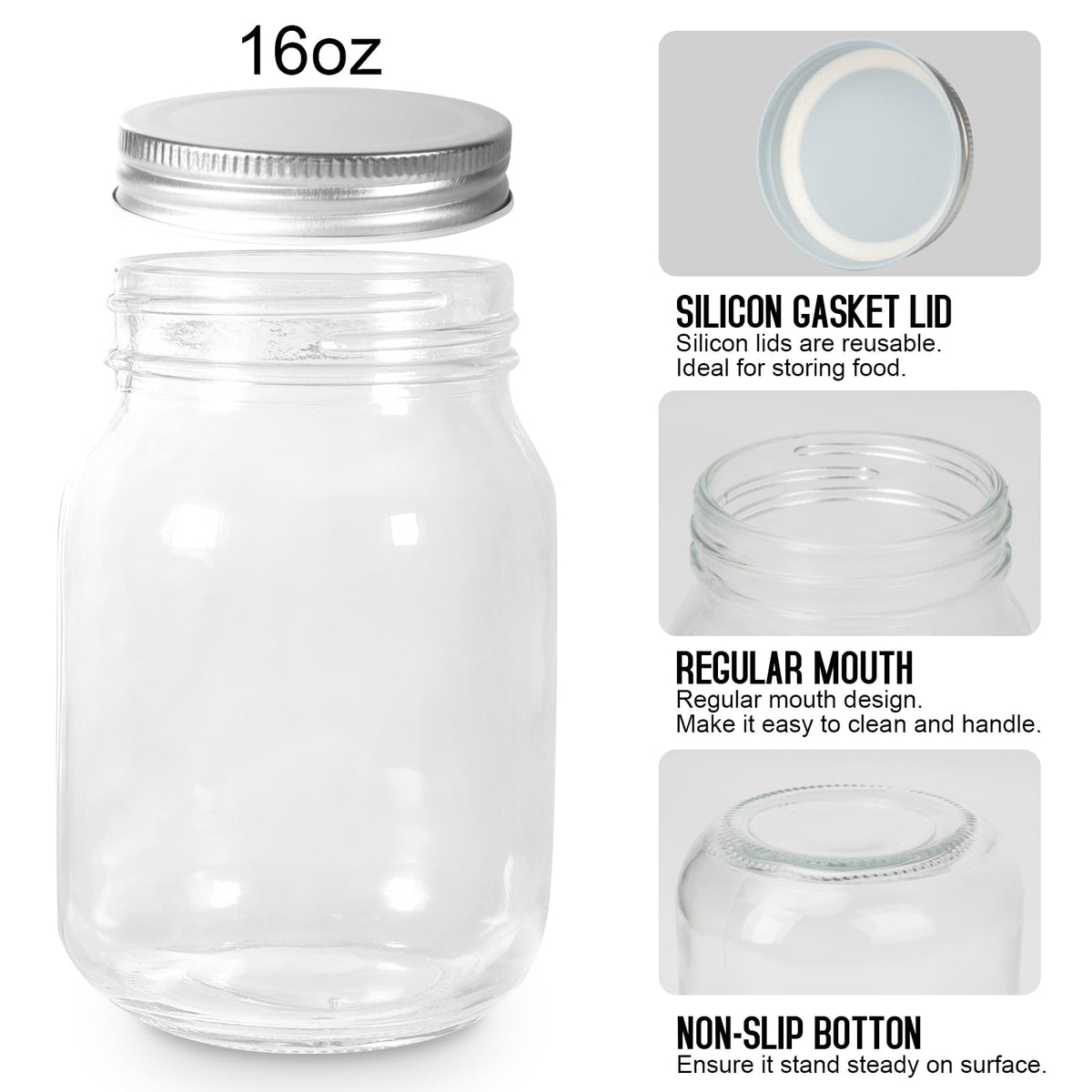16oz Regular Mouth Glass Mason Jars with Airtight Lids, 4 Pack Z738125