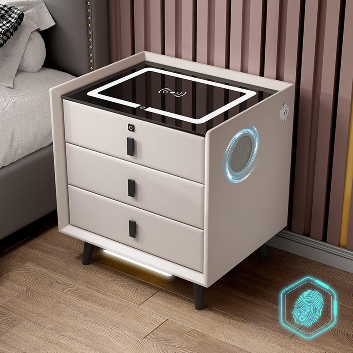 White Nightstand with Wireless Charging Station and Fingerprint Lock Drawer D127