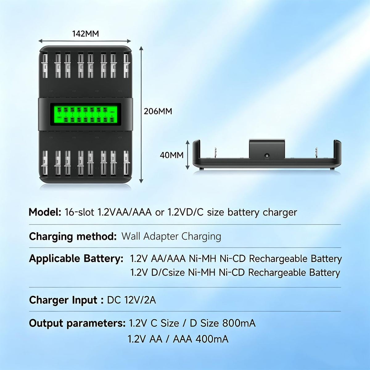 16 Bay AA AAA C D NiMH Battery Charger with LCD Display H80344