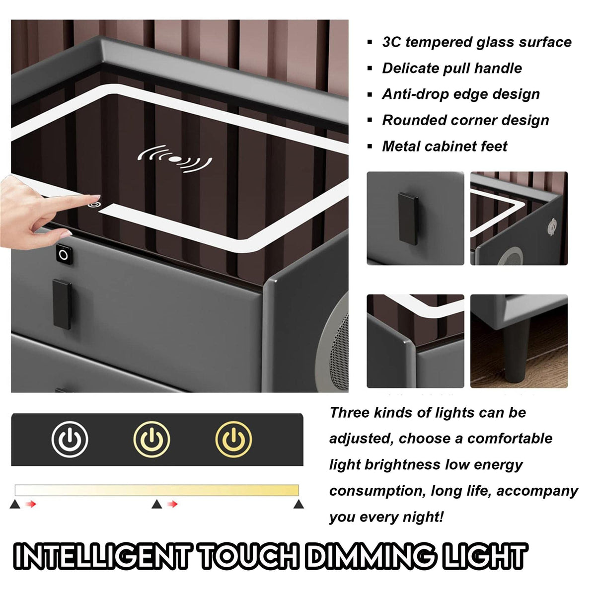 White Nightstand with Wireless Charging Station and Fingerprint Lock Drawer D127
