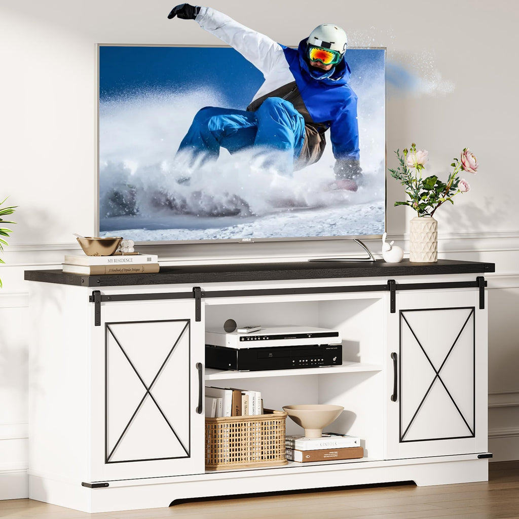 White Rustic Farmhouse TV Stand with Sliding Barn Doors T259765