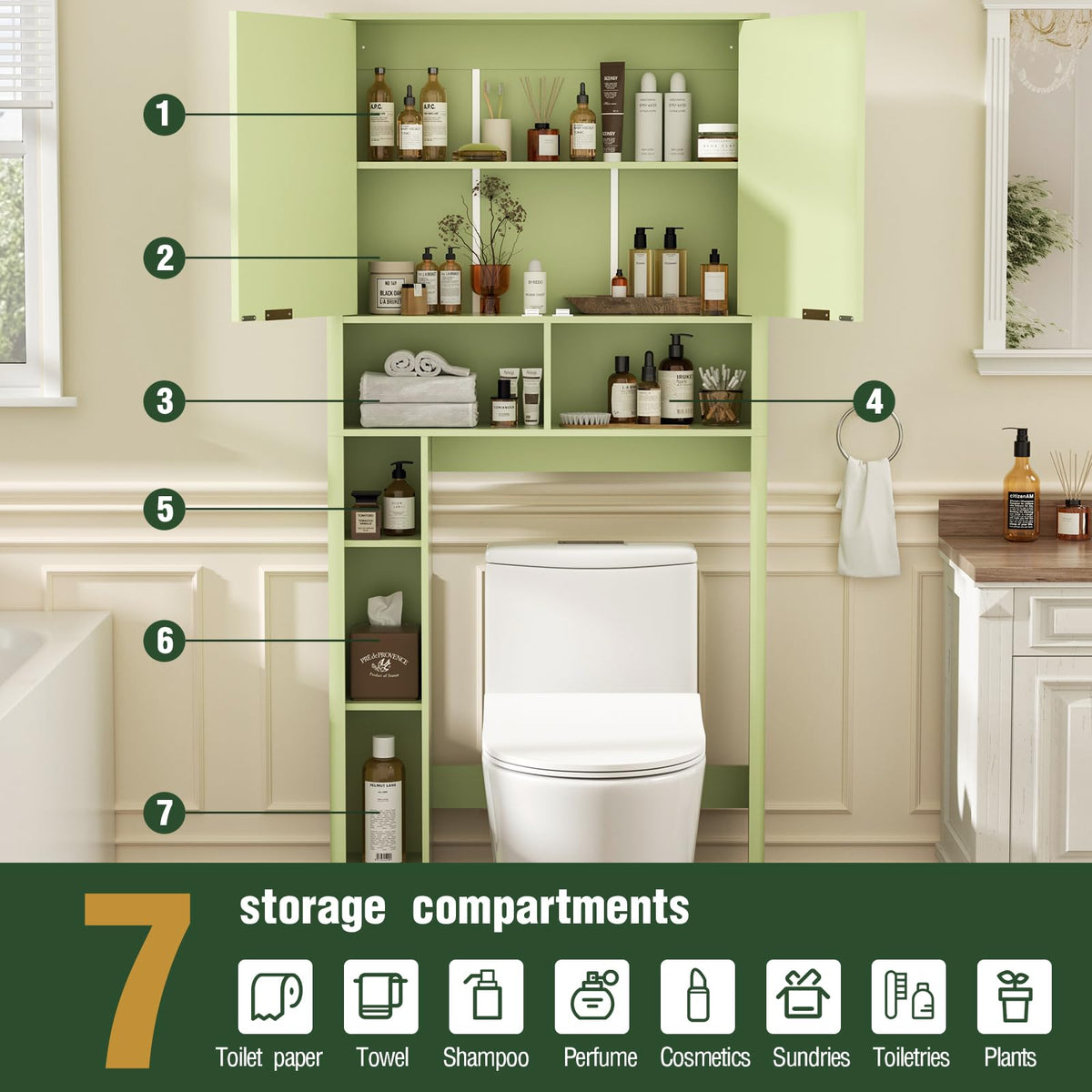 Green Over the Toilet Storage Cabinet with Adjustable Shelf N471