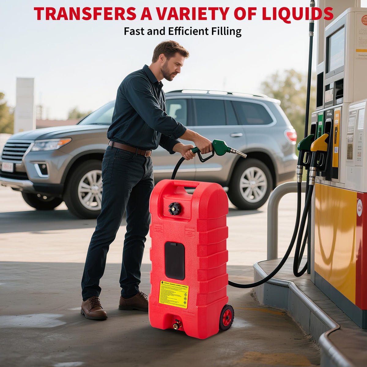15 Gallon Portable Fuel Gas Can with Wheels and Hose J527