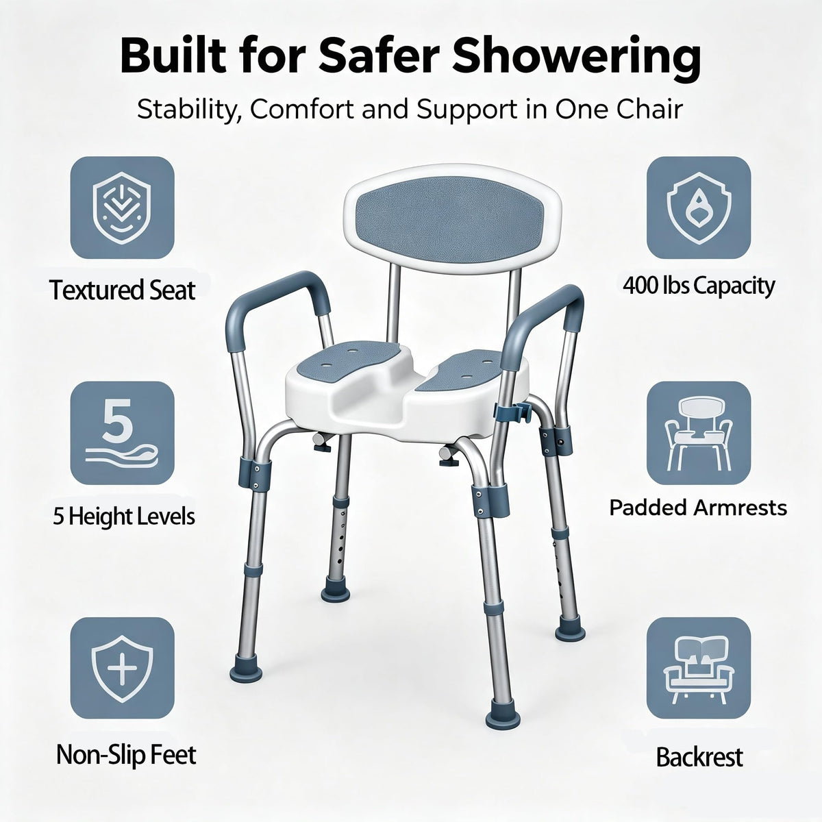 Height Adjustable Shower Chair with Padded Armrests Y94531