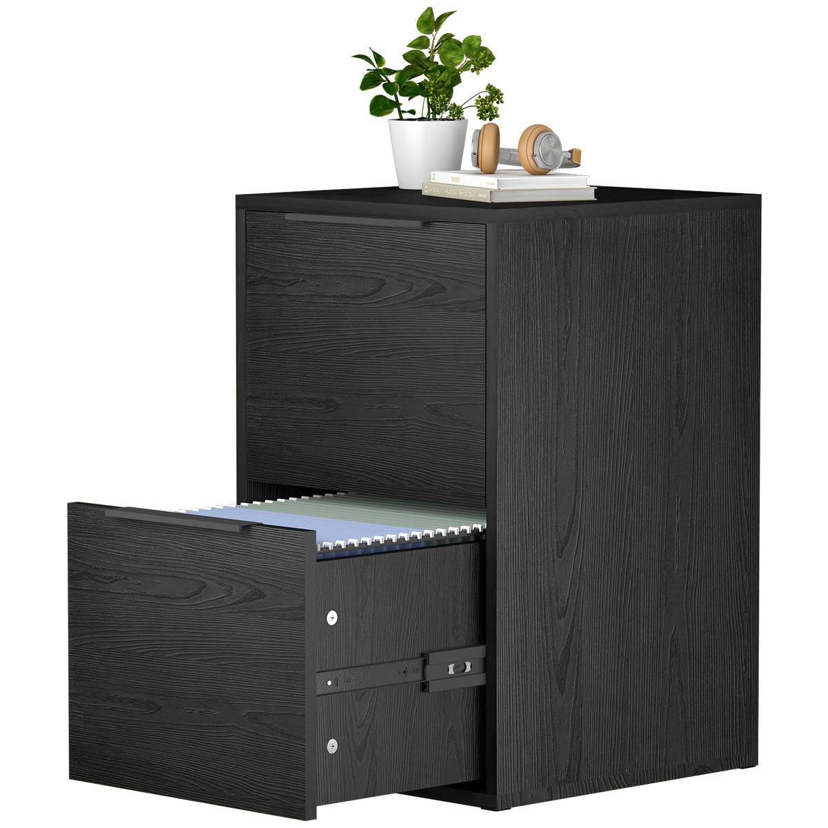 Black Two Drawer Wood File Cabinet F5432