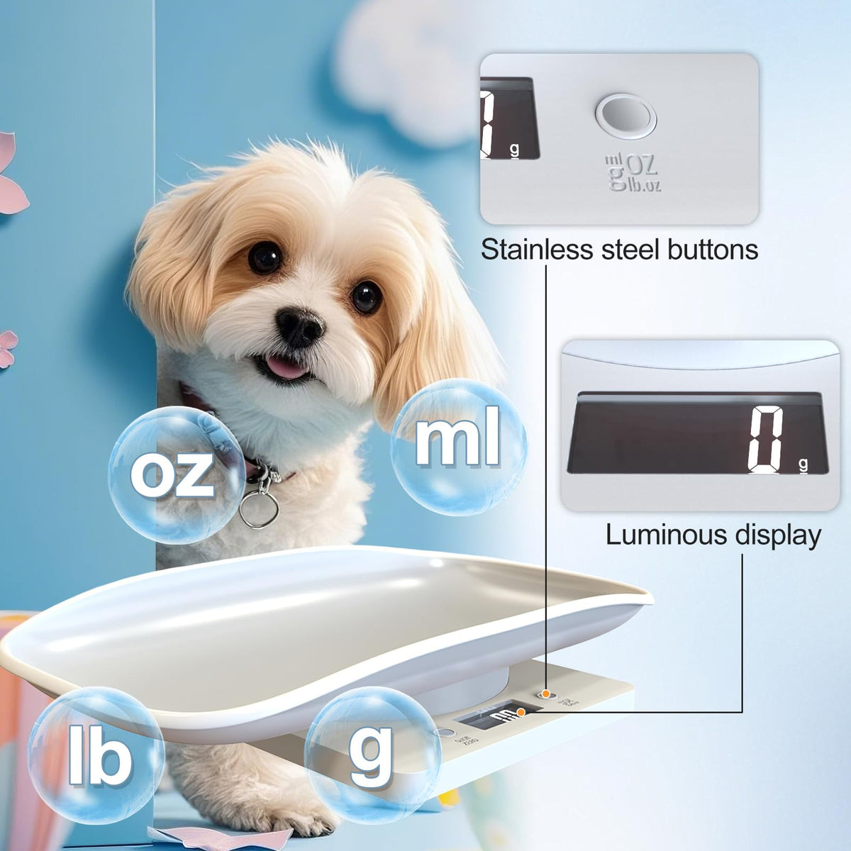 Digital Pet Scale for Small Animal, LED Display, Measures Up to 15kg, White K34947