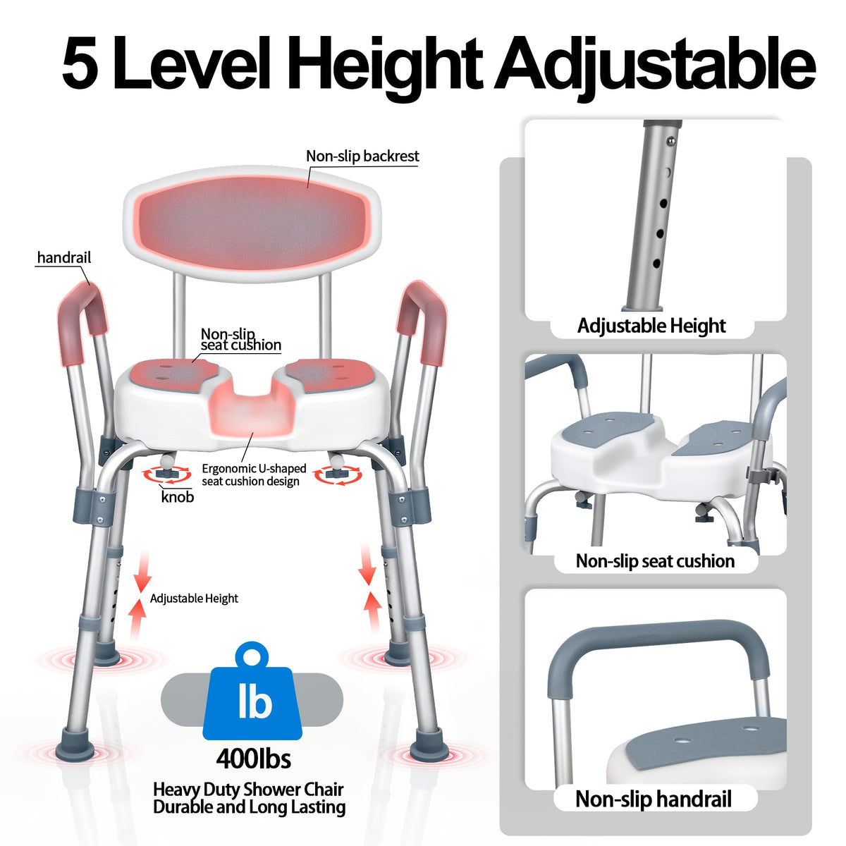 Height Adjustable Shower Chair with Padded Armrests Y94531