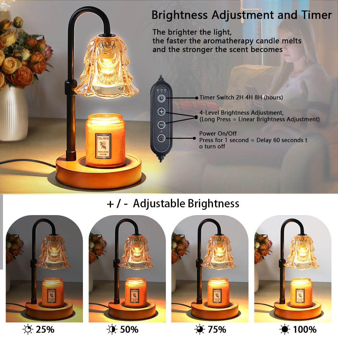 Candle Warmer Lamp with Timer Dimmer Adjustable Height Black R680146