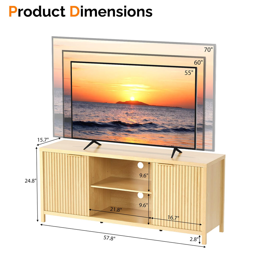57.8" Oak TV Stand for 70 Inch TV with Adjustable Shelves and Cabinet Storage C23590