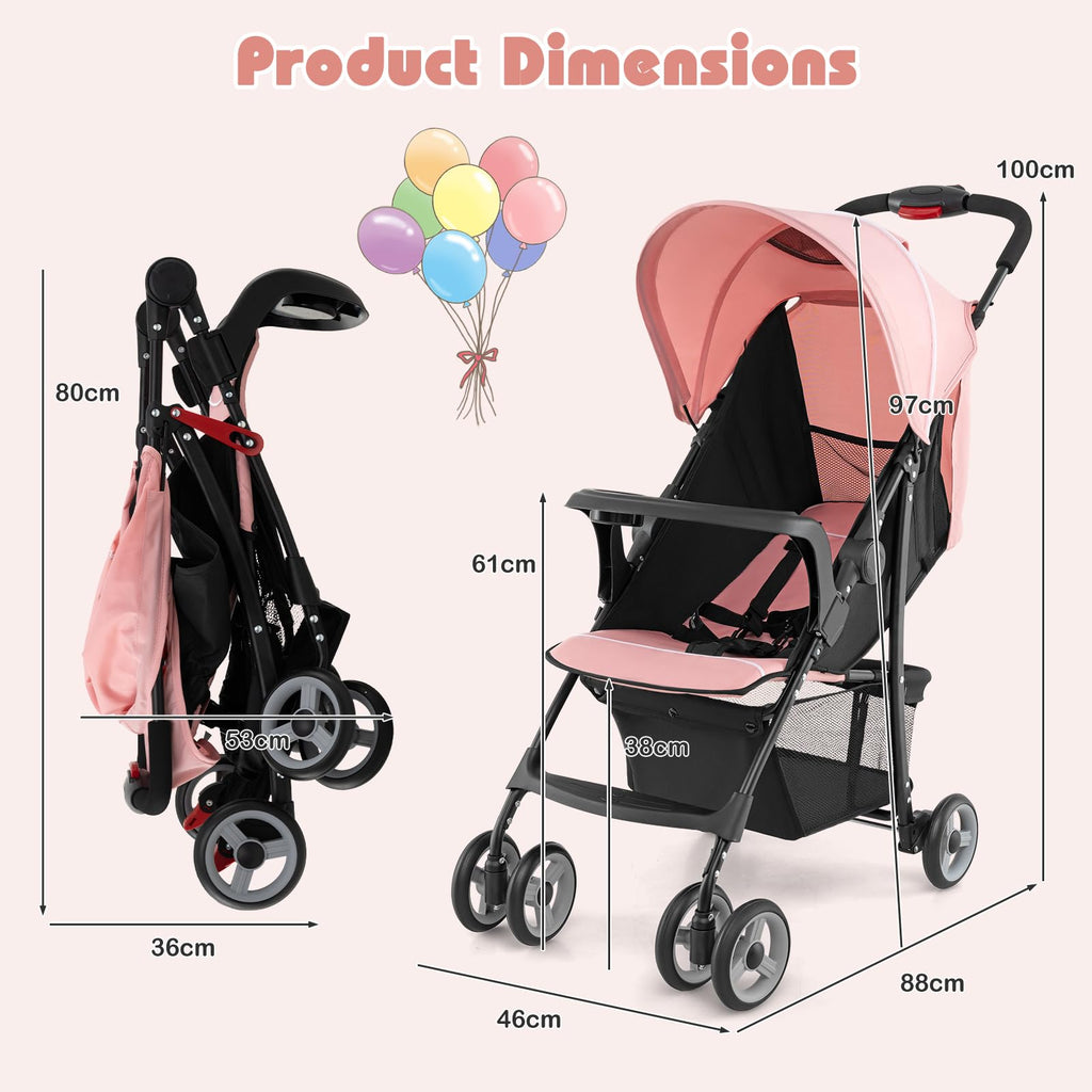 Lightweight Compact Fold Stroller with Canopy & Storage Basket, Pink D8056