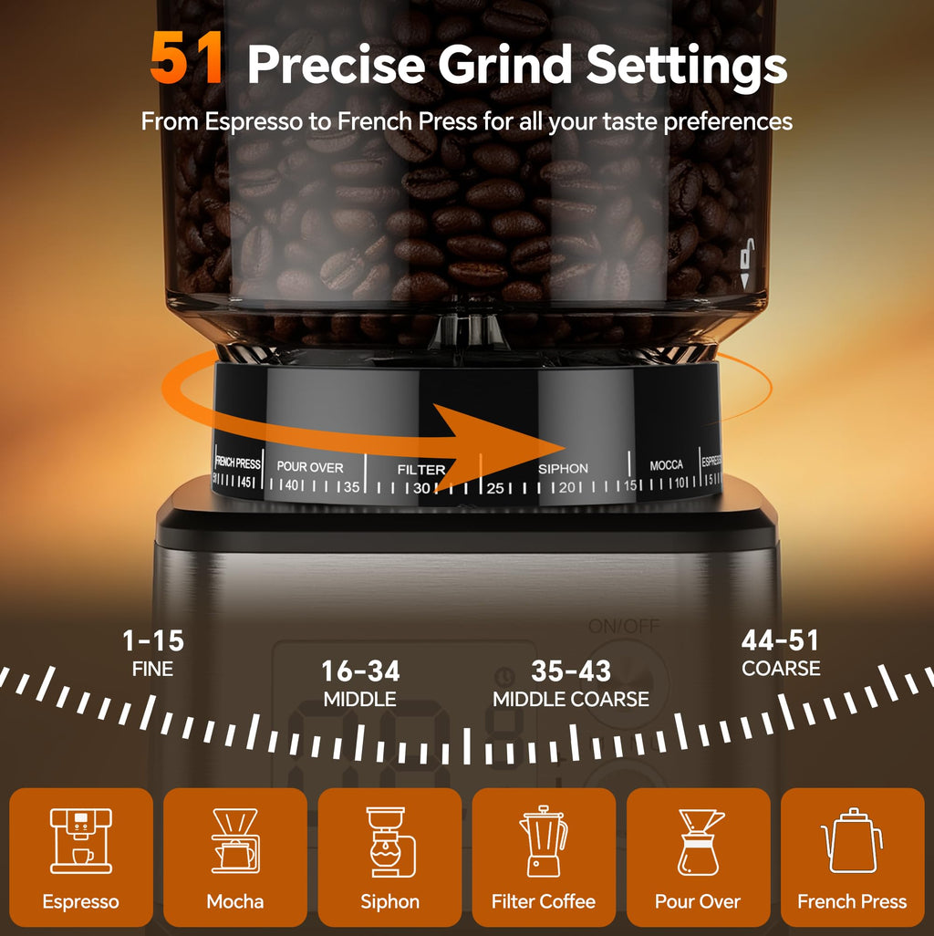 Conical Burr Coffee Grinder, 51 Grind Settings, 1-12 Cups, Stainless Steel Z723
