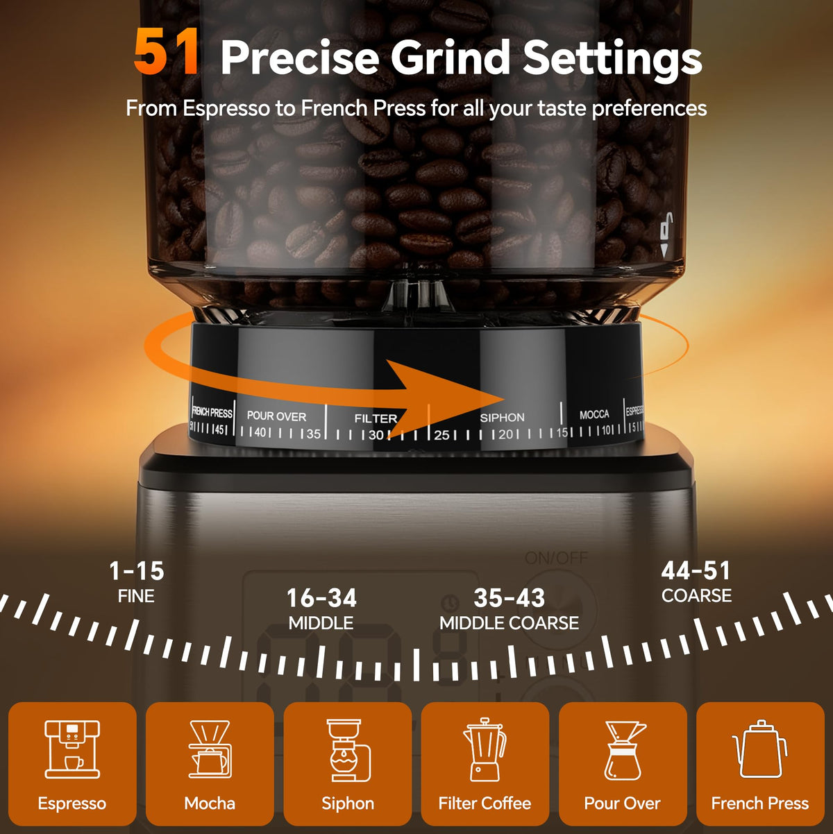Conical Burr Coffee Grinder, 51 Grind Settings, 1-12 Cups, Stainless Steel Z723