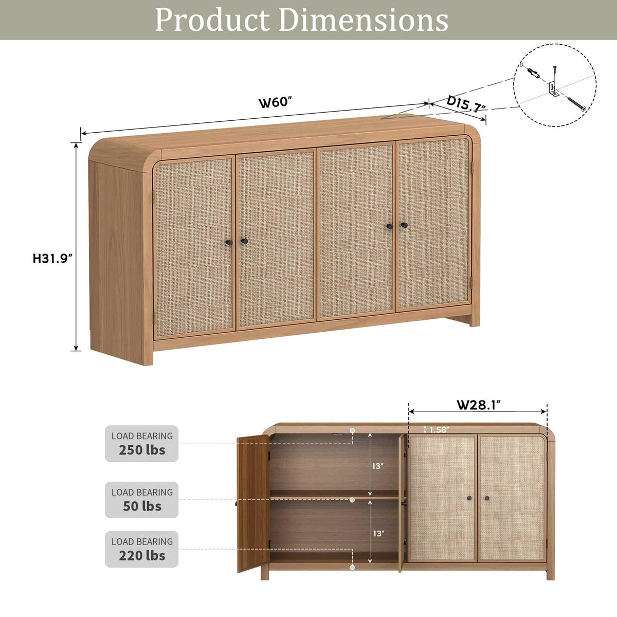 Oak Rattan Sideboard Buffet Cabinet H709329