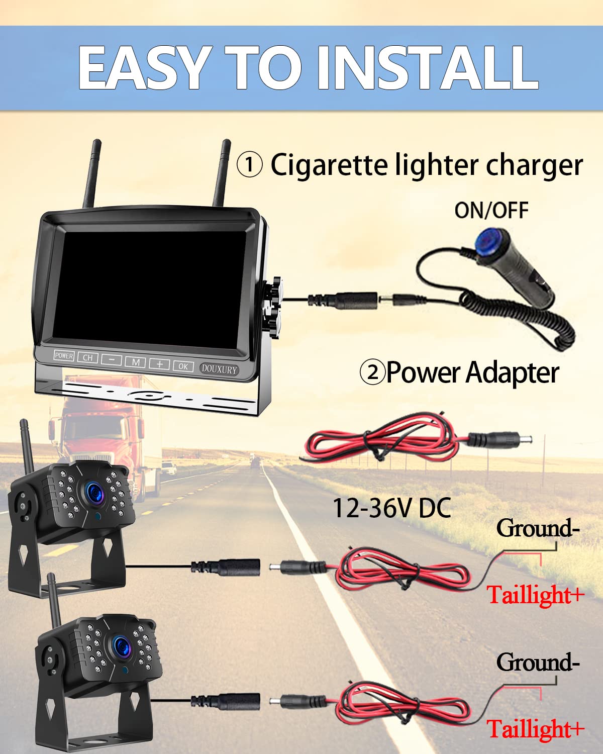 1080P Wireless Backup Camera System with 7'' Monitor IP69K Waterproof Q26515