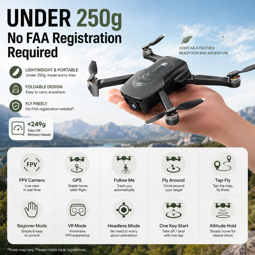 GPS Drone with 4K Camera, Under 249g Foldable RC Quadcopter T607327