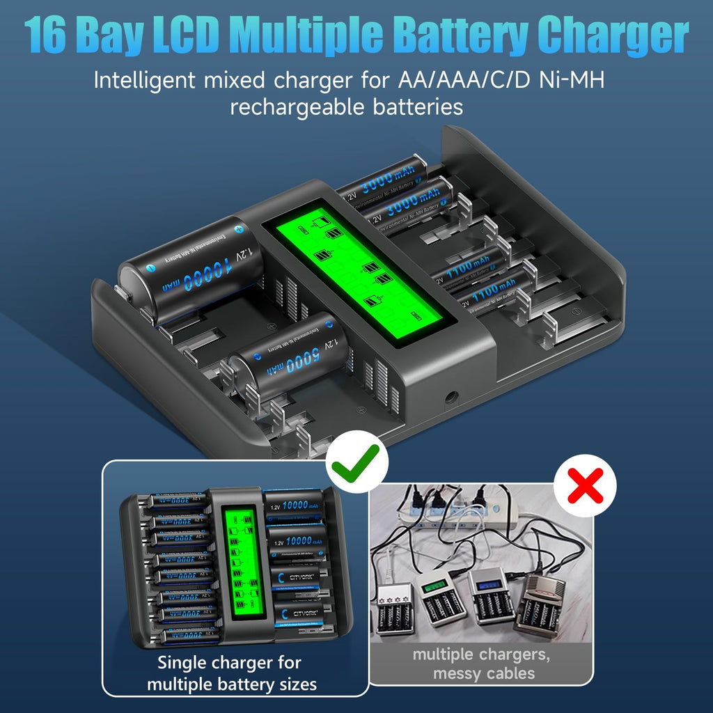 16 Bay AA AAA C D NiMH Battery Charger with LCD Display H80344