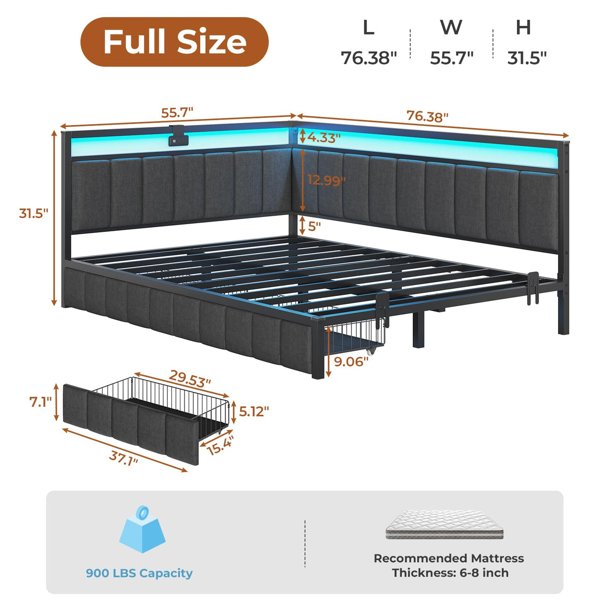 Full Size Corner Bed Frame with 2 Storage Drawers and Charging Station N76221