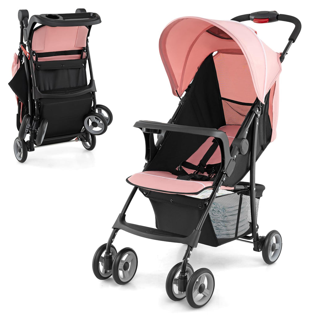 Lightweight Compact Fold Stroller with Canopy & Storage Basket, Pink D8056