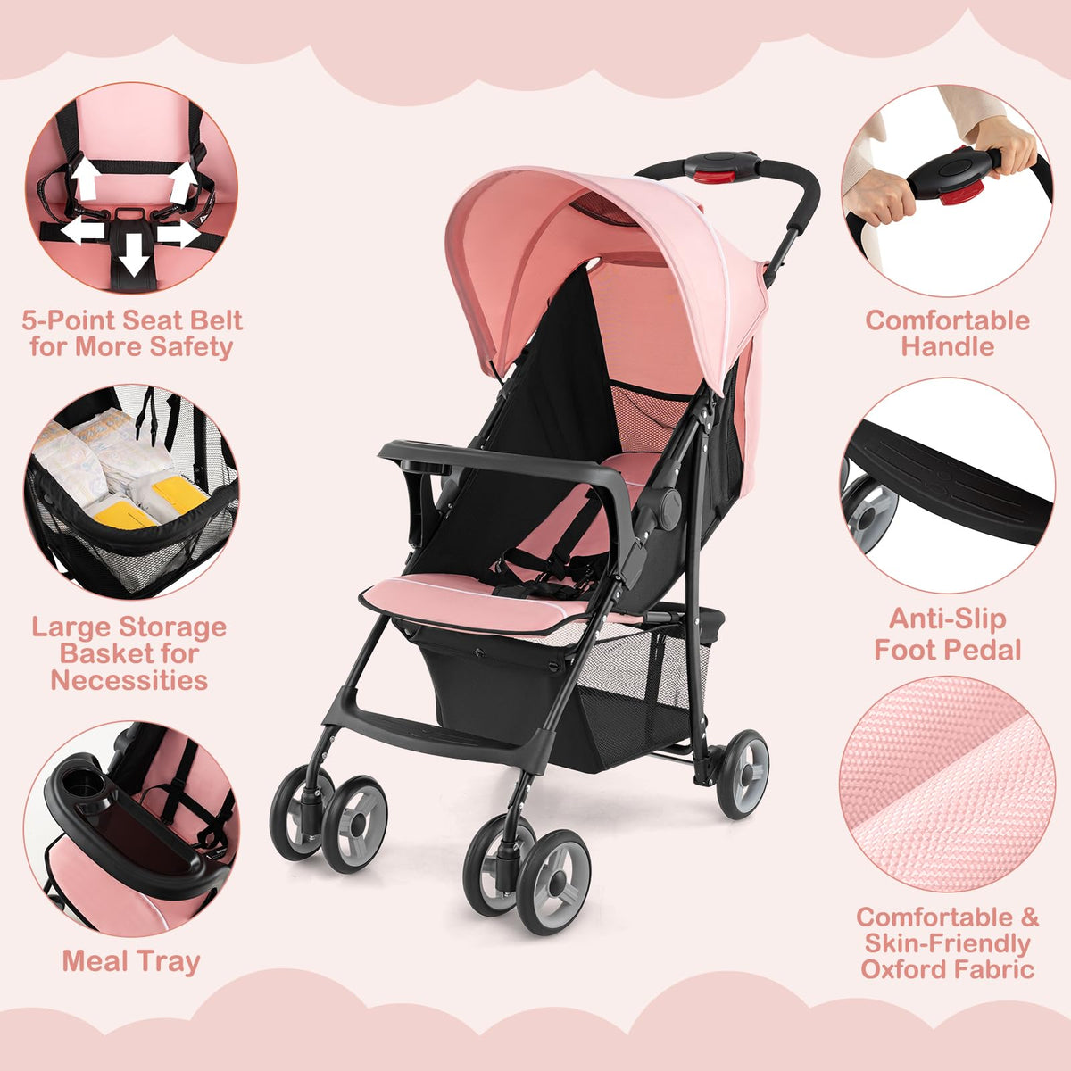 Lightweight Compact Fold Stroller with Canopy & Storage Basket, Pink D8056
