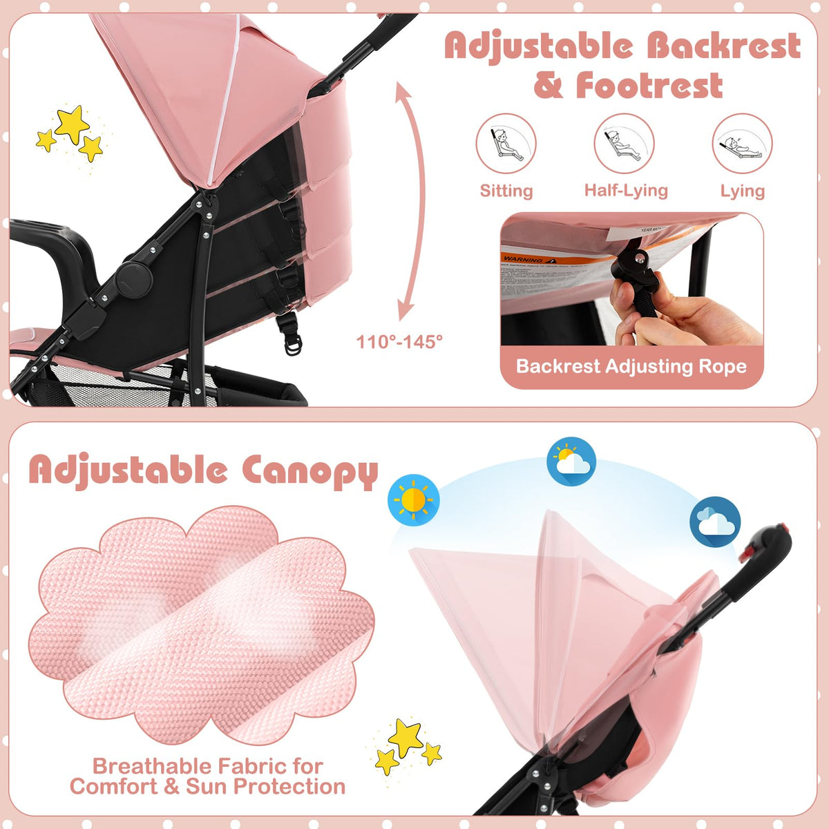 Lightweight Compact Fold Stroller with Canopy & Storage Basket, Pink D8056