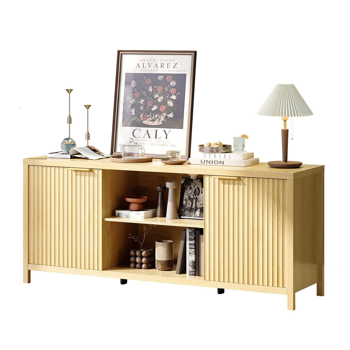 57.8" Oak TV Stand for 70 Inch TV with Adjustable Shelves and Cabinet Storage C23590