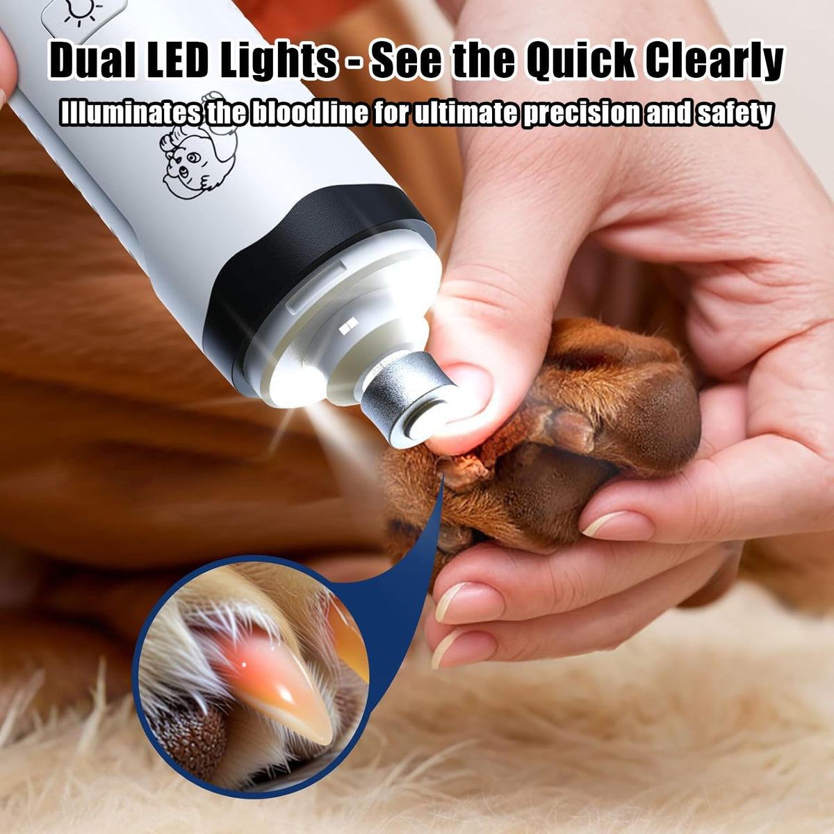Ultra Quiet Dog Nail Grinder with Dual LED Lights W292