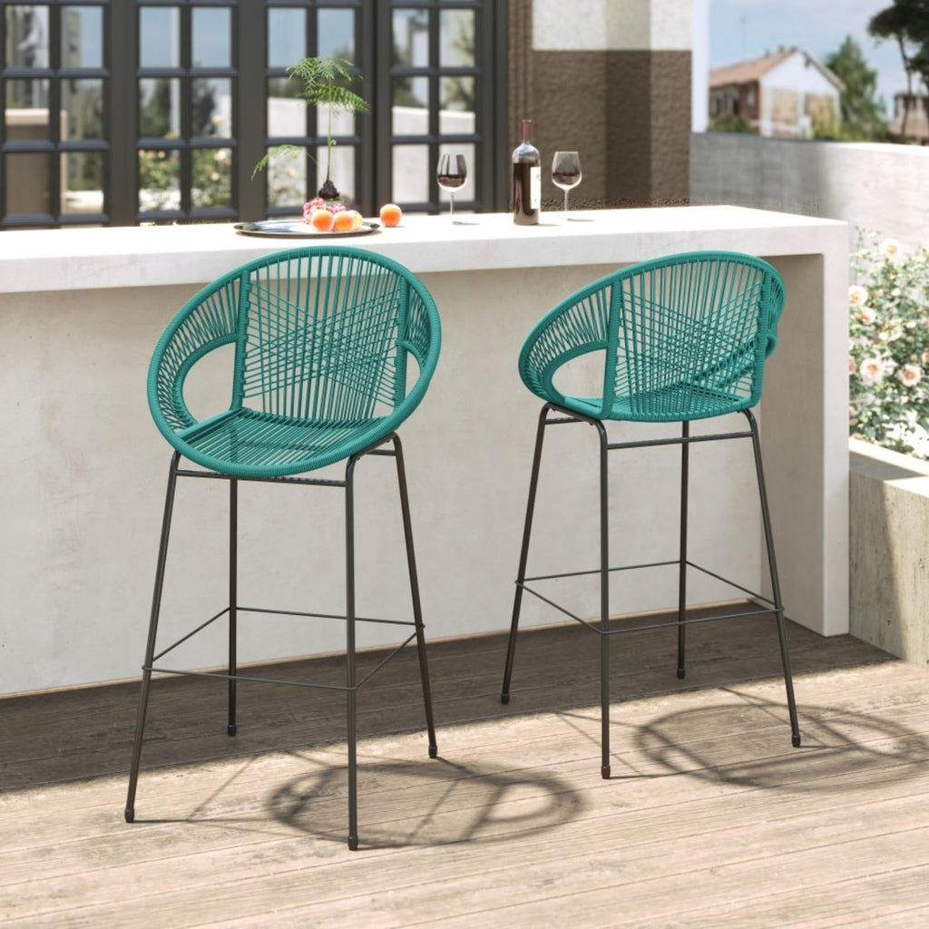 Faux Wicker PE Rattan Bar Stools Set of 2 Teal V4360