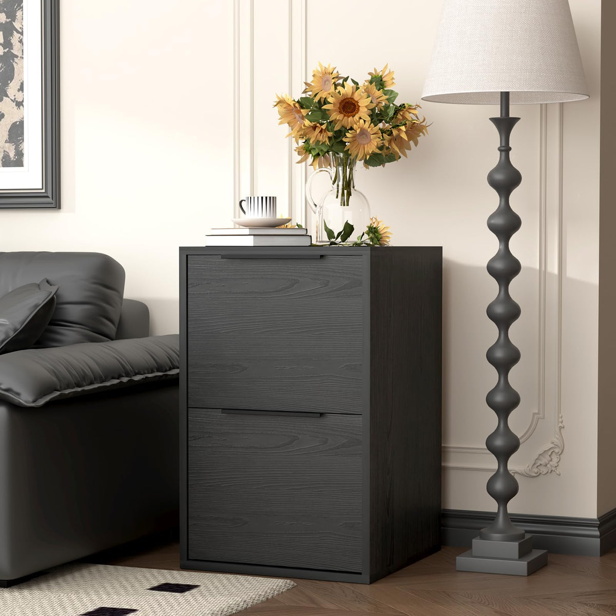 Black Two Drawer Wood File Cabinet F5432