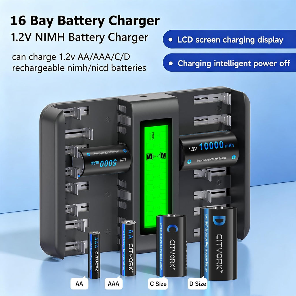 16 Bay AA AAA C D NiMH Battery Charger with LCD Display H80344