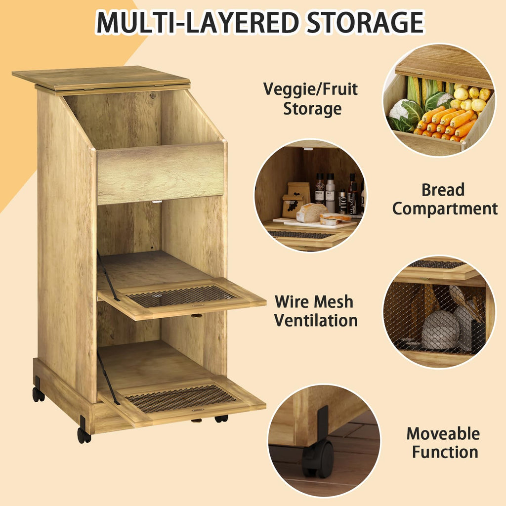 Brown Wooden Potato Storage Bin with Wheel Y879