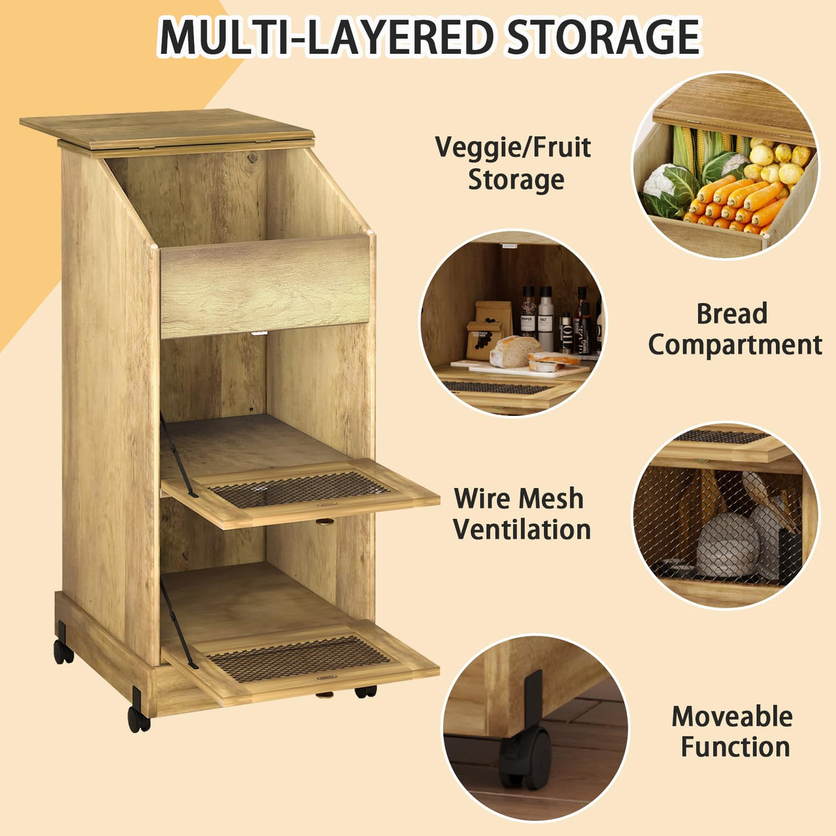 Brown Wooden Potato Storage Bin with Wheel Y879