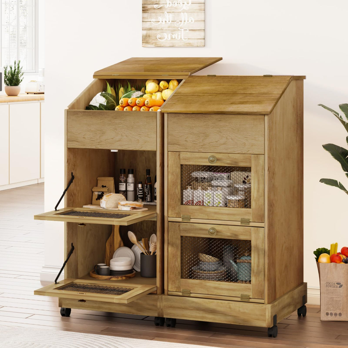 Brown Wooden Potato Storage Bin with Wheel Y879