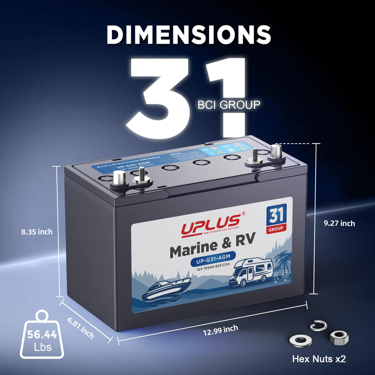 12V 105Ah 825CCA Dual Purpose AGM Marine Battery F997