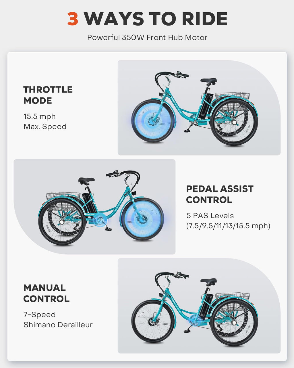 26 in 7 Speed Electric Trike with 36V 13Ah Battery B3376
