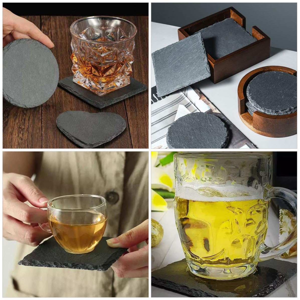 Black 12pcs Natural Stone Coaster Set O46790