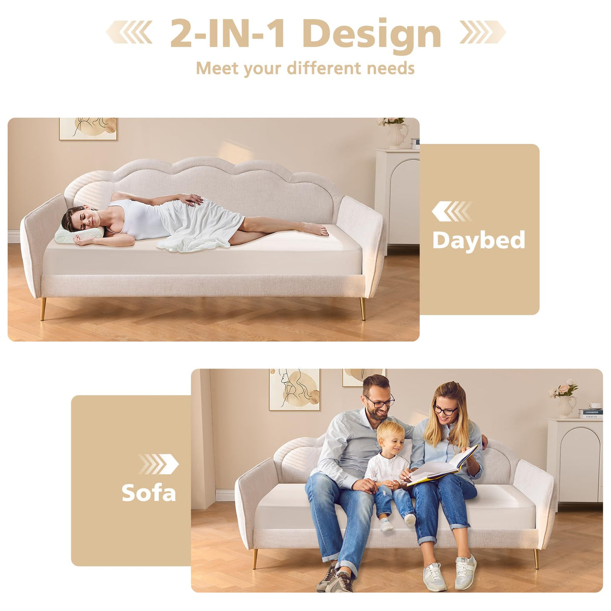 Twin Size Upholstered Linen Daybed with Metal Legs C6666