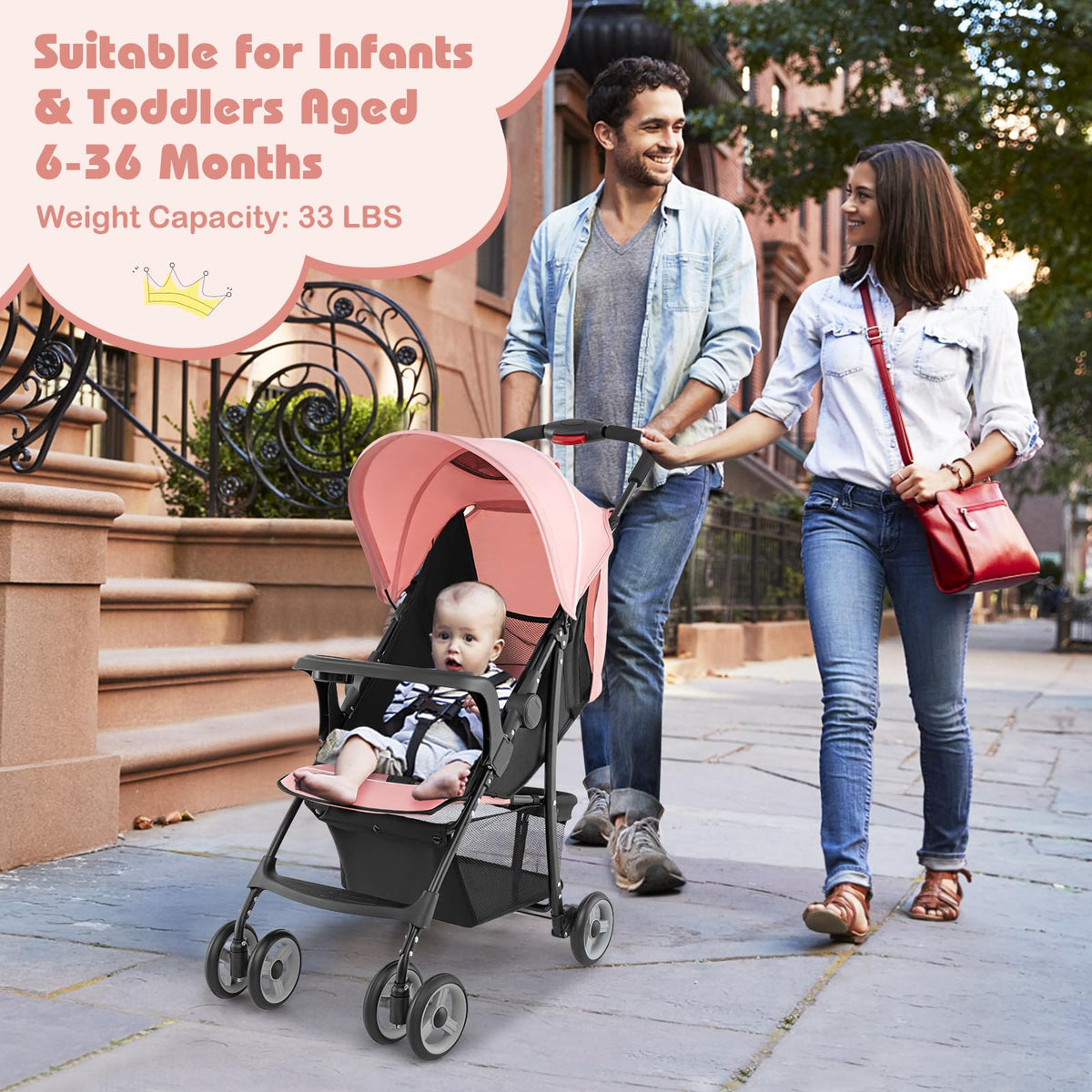 Lightweight Compact Fold Stroller with Canopy & Storage Basket, Pink D8056