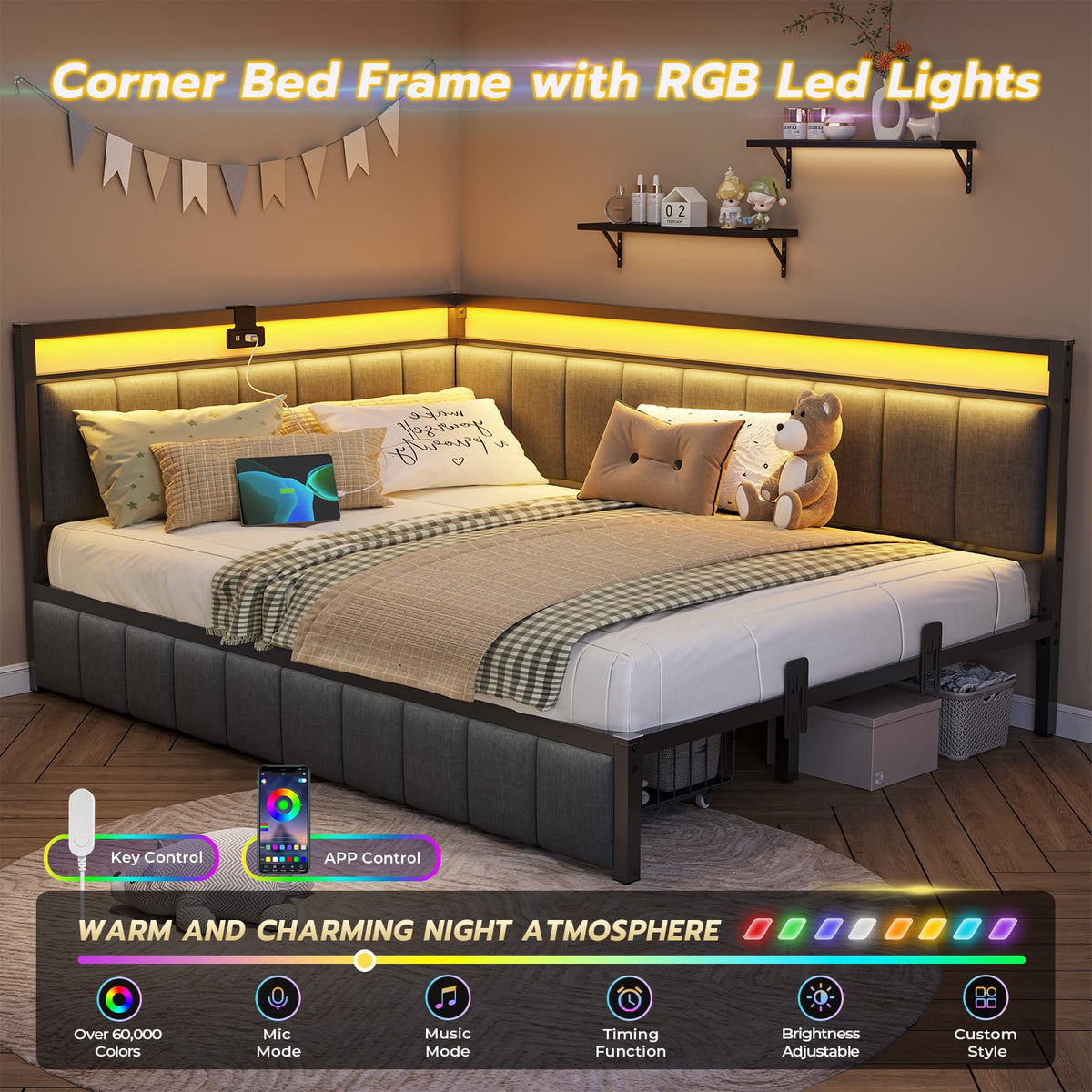 Full Size Corner Bed Frame with 2 Storage Drawers and Charging Station N76221
