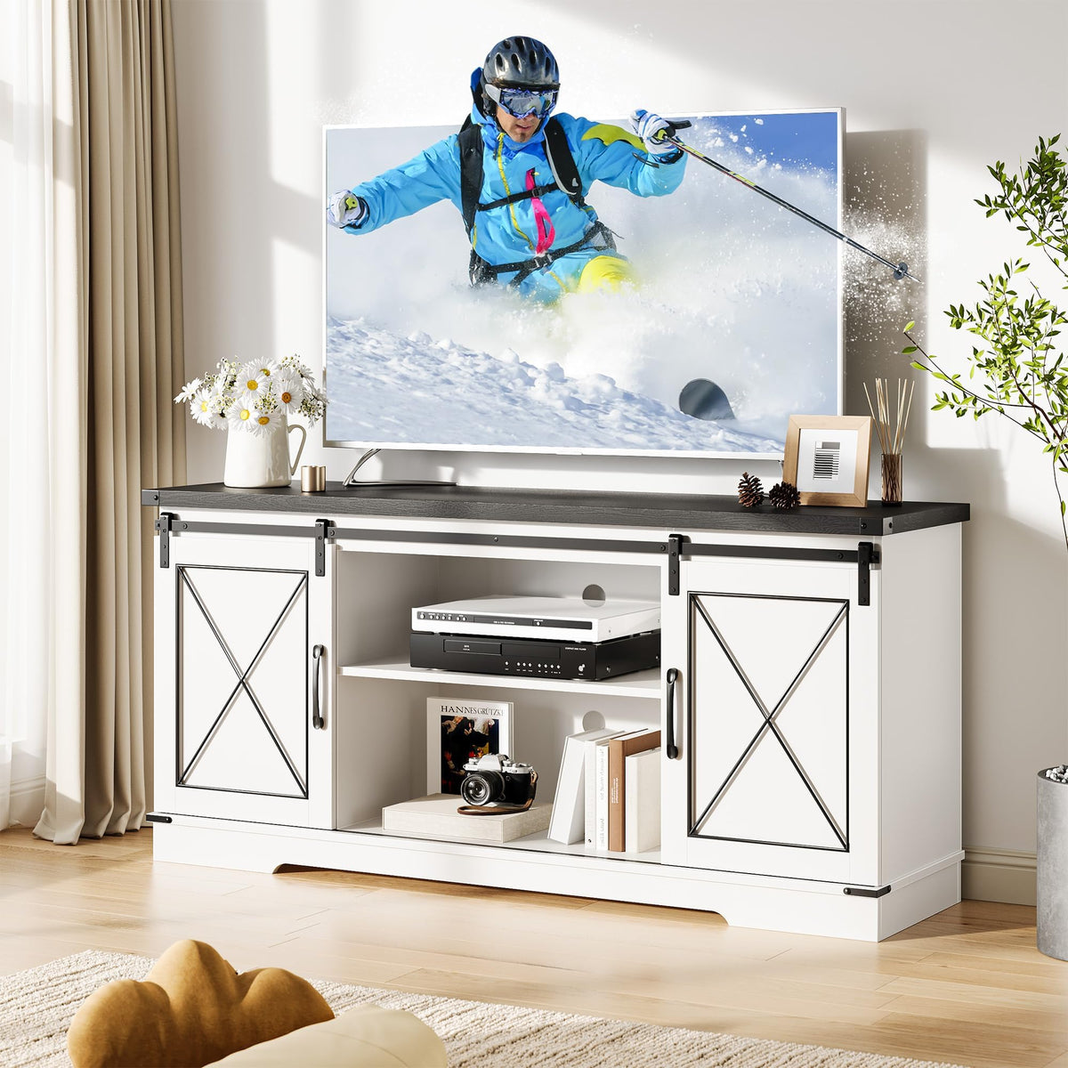 White Rustic Farmhouse TV Stand with Sliding Barn Doors T259765