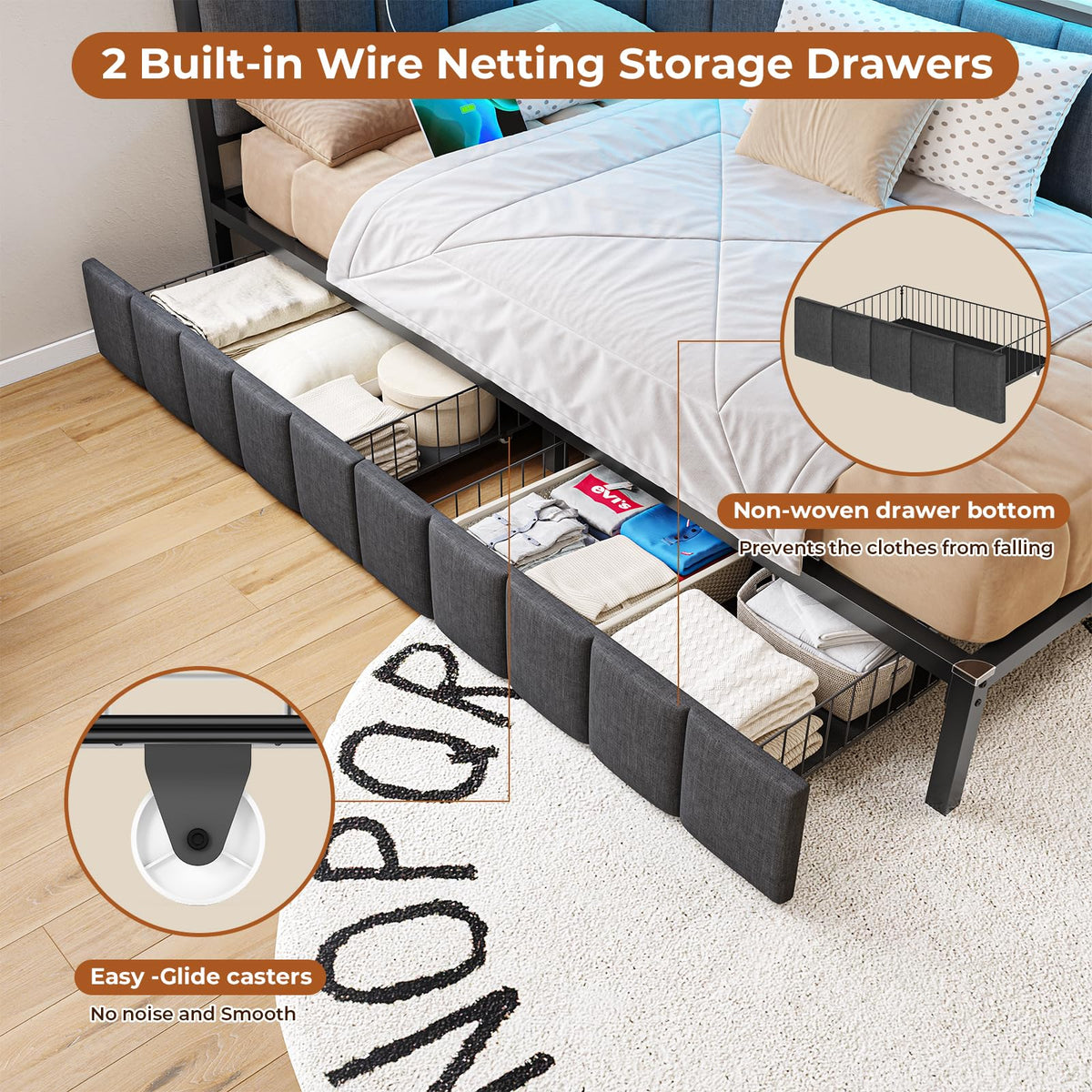 Full Size Corner Bed Frame with 2 Storage Drawers and Charging Station N76221