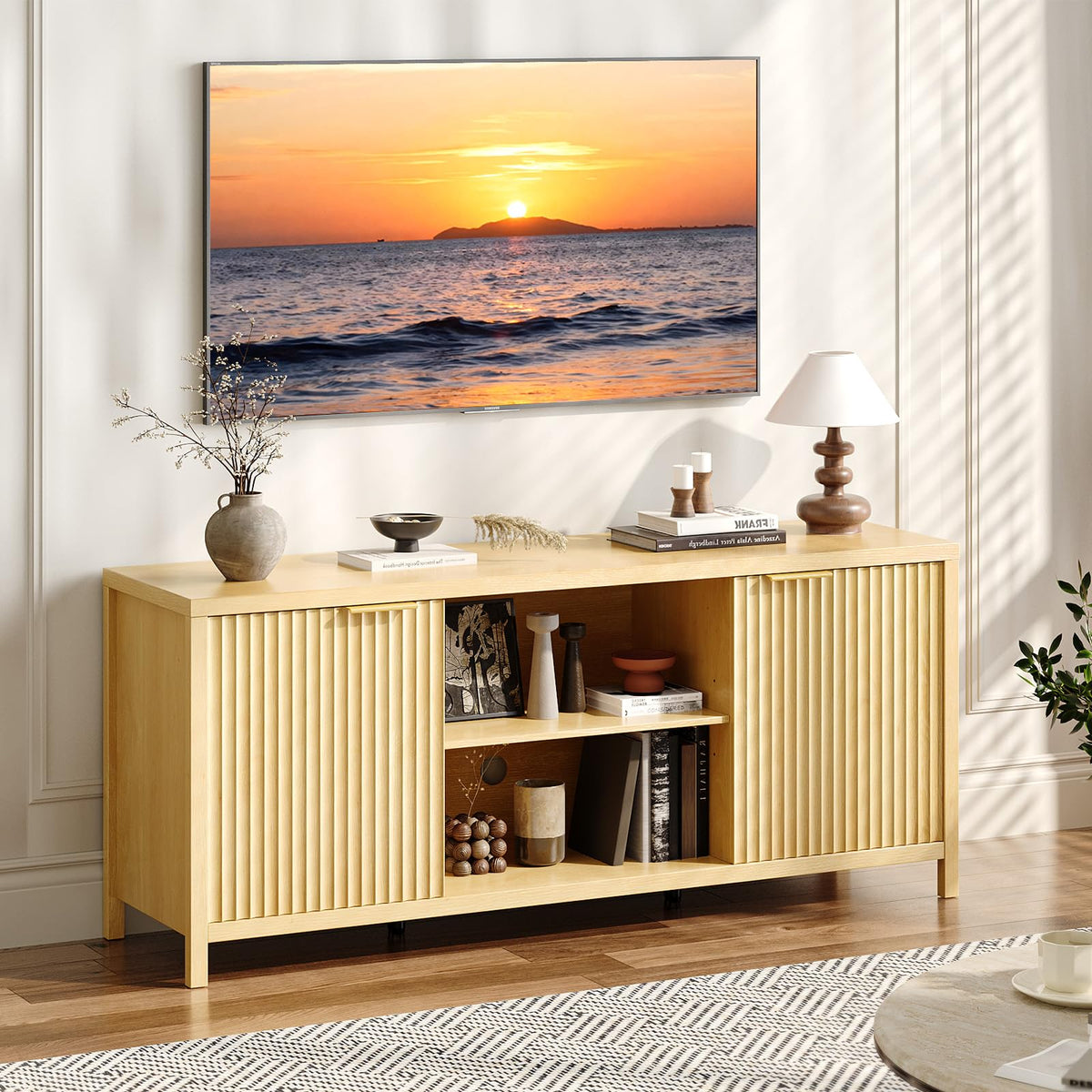 57.8" Oak TV Stand for 70 Inch TV with Adjustable Shelves and Cabinet Storage C23590