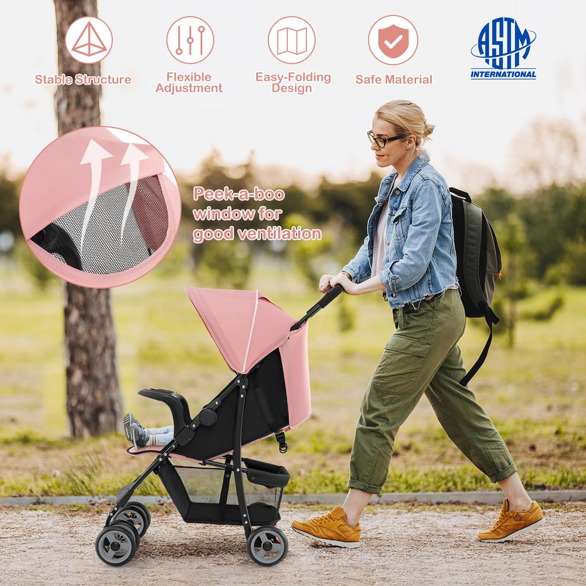 Lightweight Compact Fold Stroller with Canopy & Storage Basket, Pink D8056