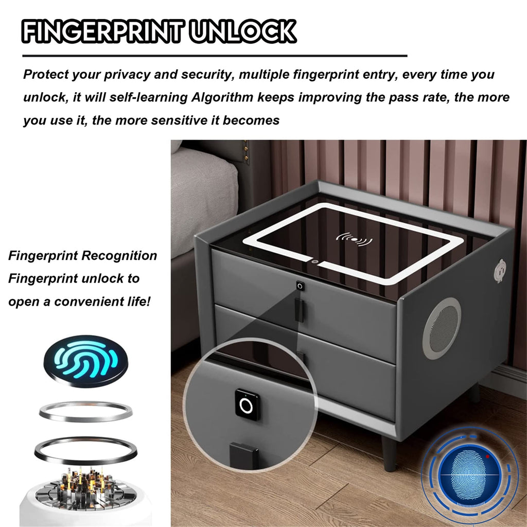 White Nightstand with Wireless Charging Station and Fingerprint Lock Drawer D127
