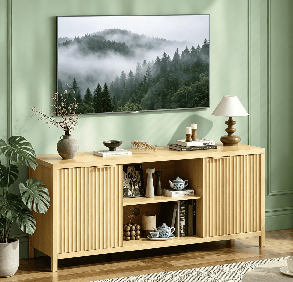 57.8" Oak TV Stand for 70 Inch TV with Adjustable Shelves and Cabinet Storage C23590
