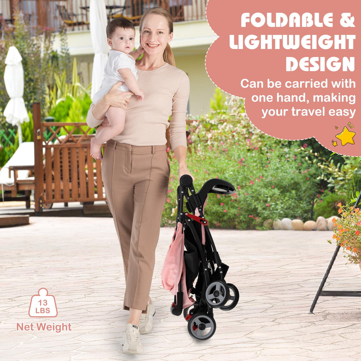 Lightweight Compact Fold Stroller with Canopy & Storage Basket, Pink D8056