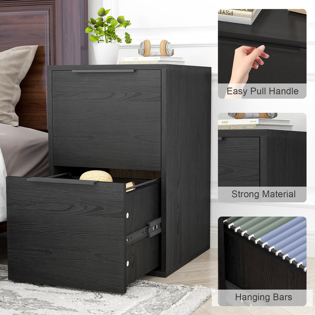 Black Two Drawer Wood File Cabinet F5432